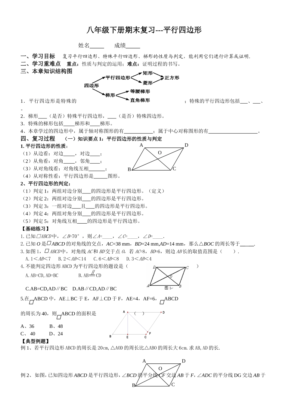 八年级下平行四边形期末复习(很全面-题型很典型)_第1页