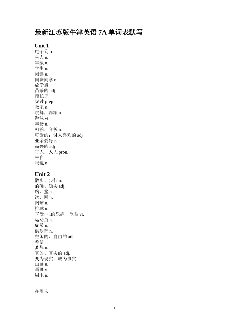 最新江苏版牛津英语7A单词表默写_第1页