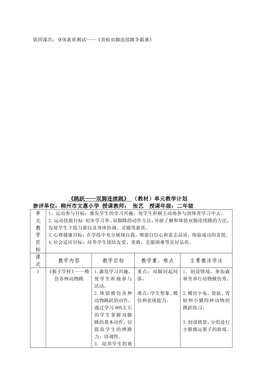 《跳跃--双脚连续跳》单元教学计划设计说明和教案_第2页