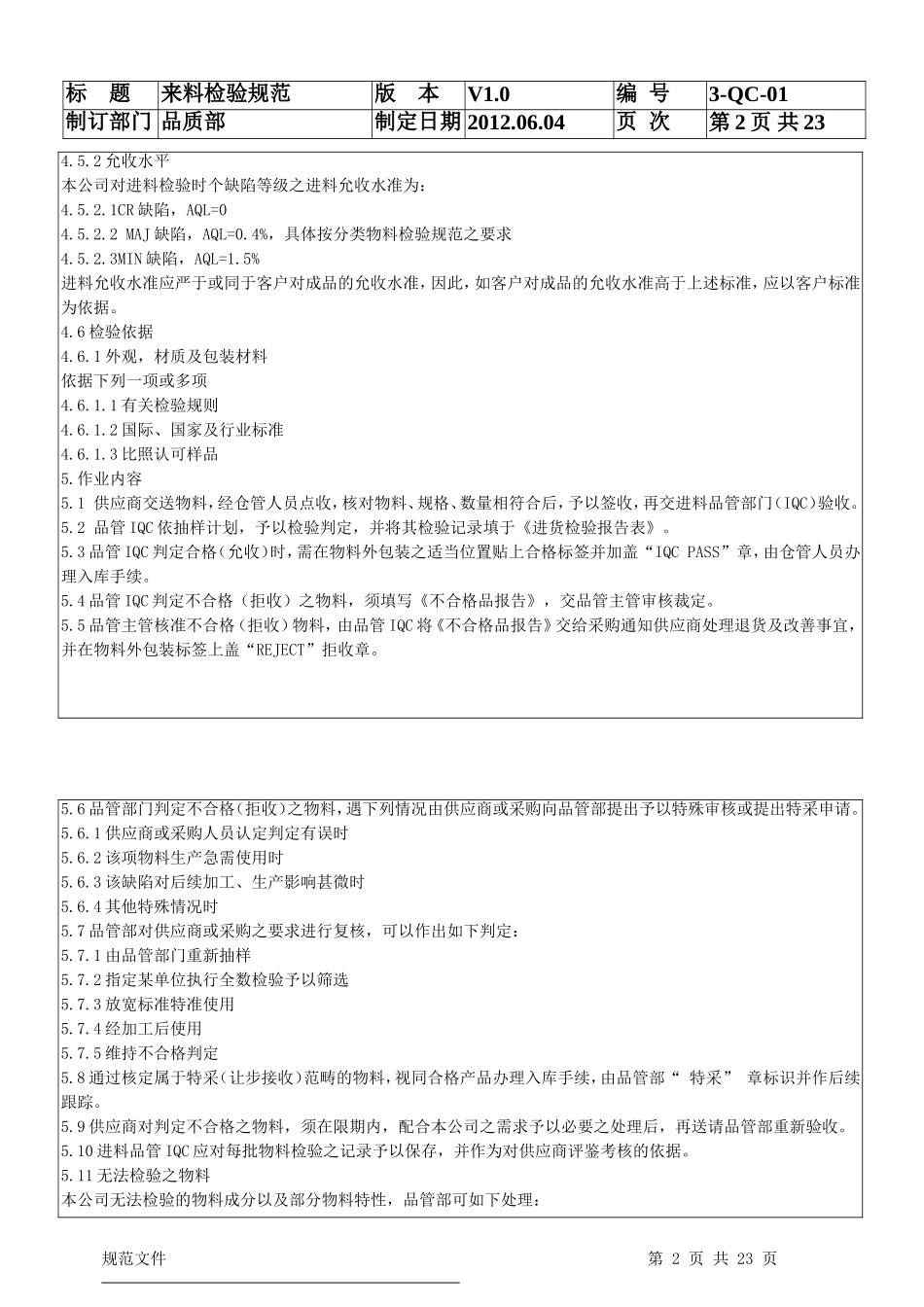 IQC来料检验规范标准书(最全分类)_第2页