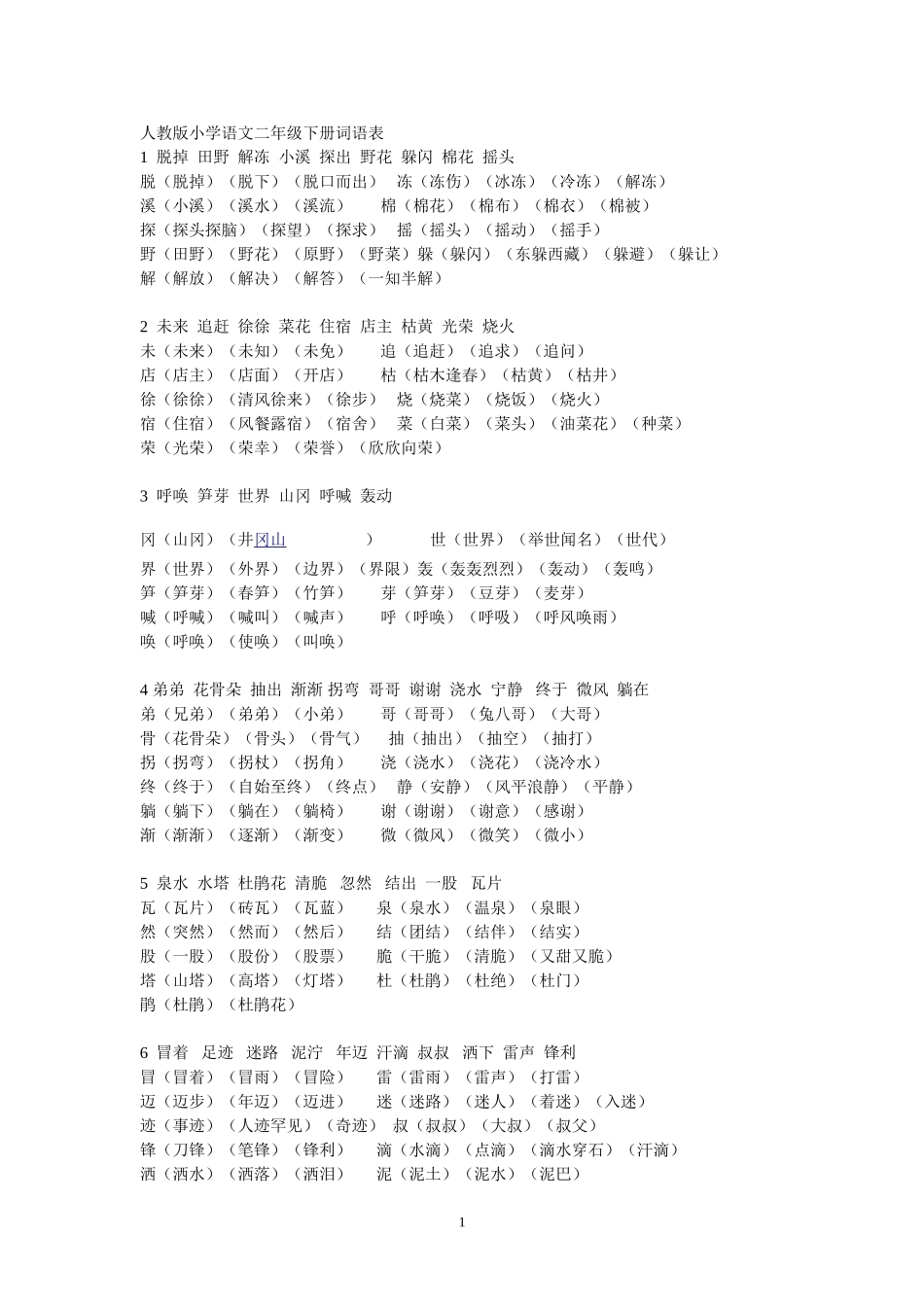 人教版小学语文二年级下册词语表_第1页