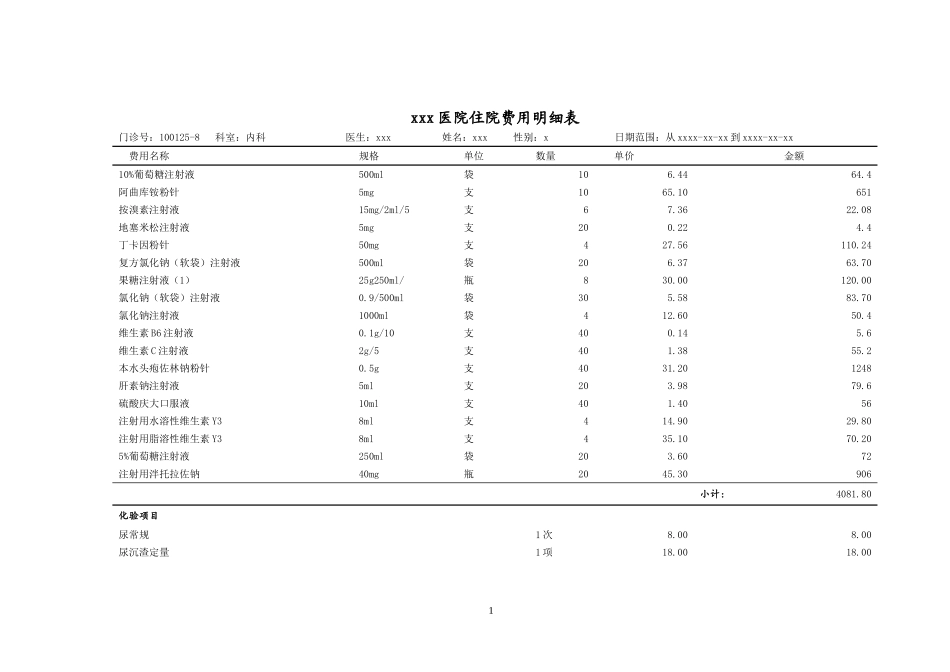 XXX住院费用明细表_第1页