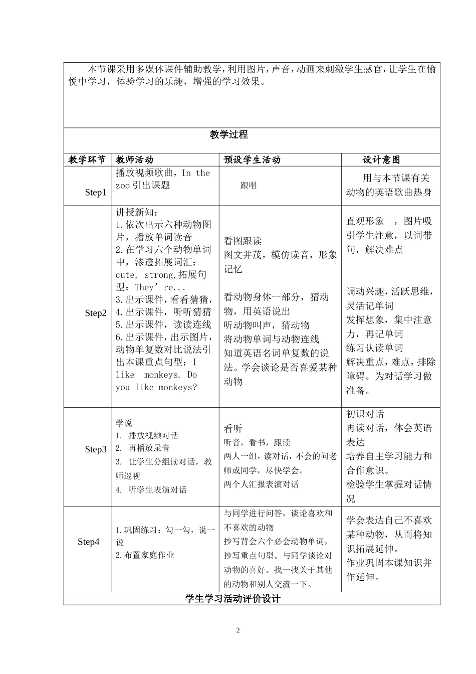 小学英语教学设计Animalsinthezoo_第2页