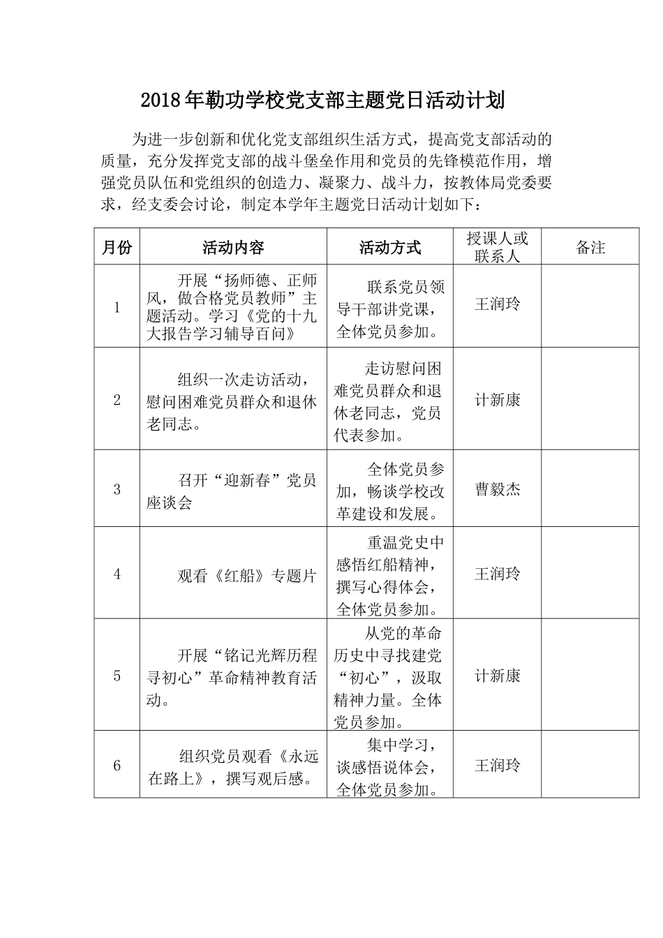 2018年勒功学校党支部主题党日活动计划_第1页