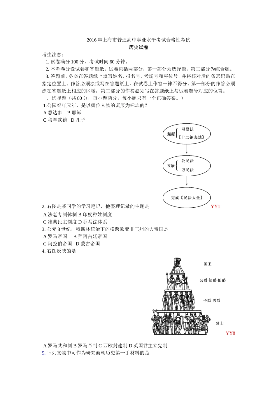 2016上海市普通高中学业考试合格考试历史试卷_第1页