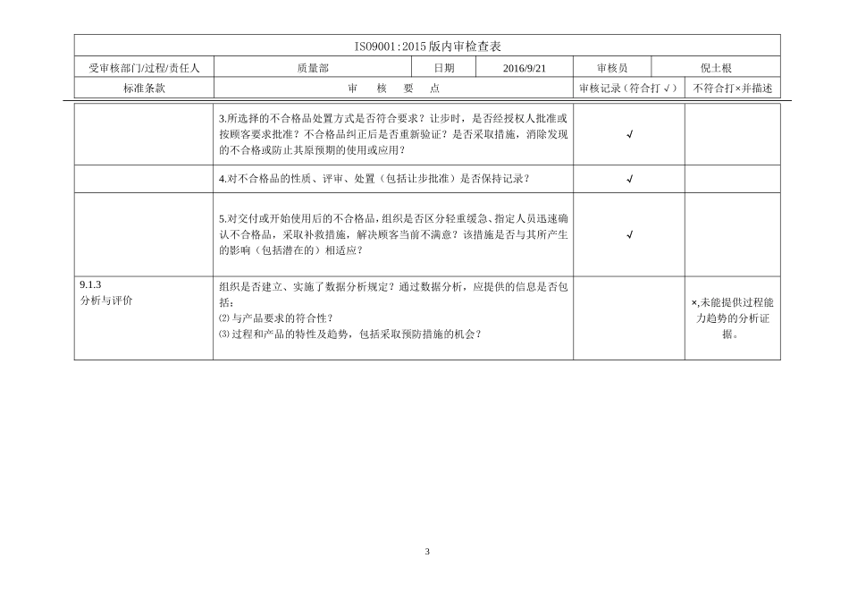 ISO9001-2015质量部-内审检查表_第3页