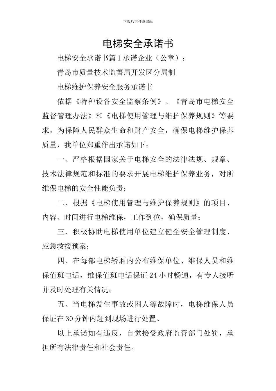 电梯安全承诺书_第1页