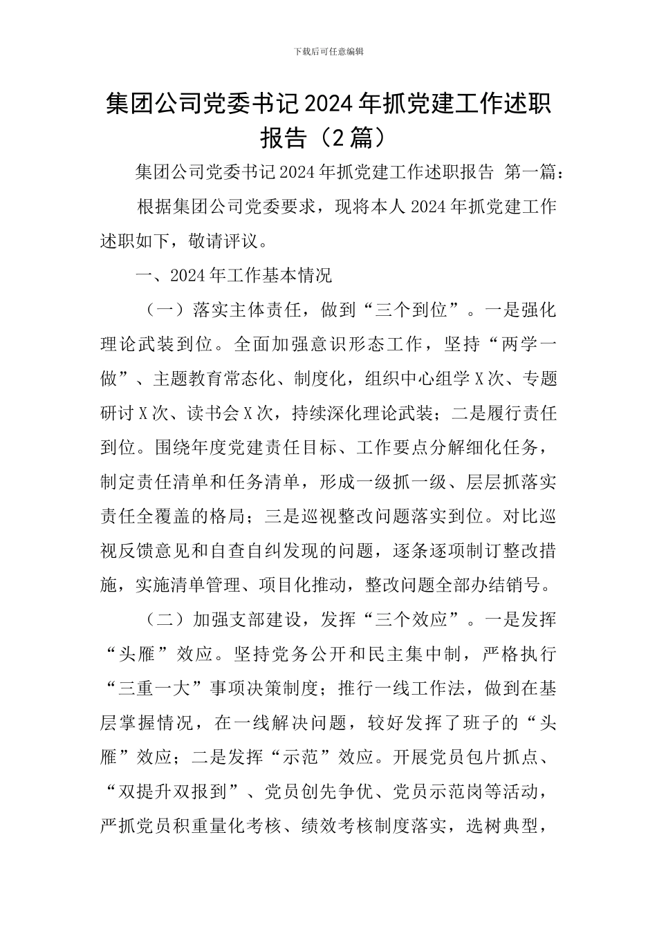 集团公司党委书记2024年抓党建工作述职报告_第1页