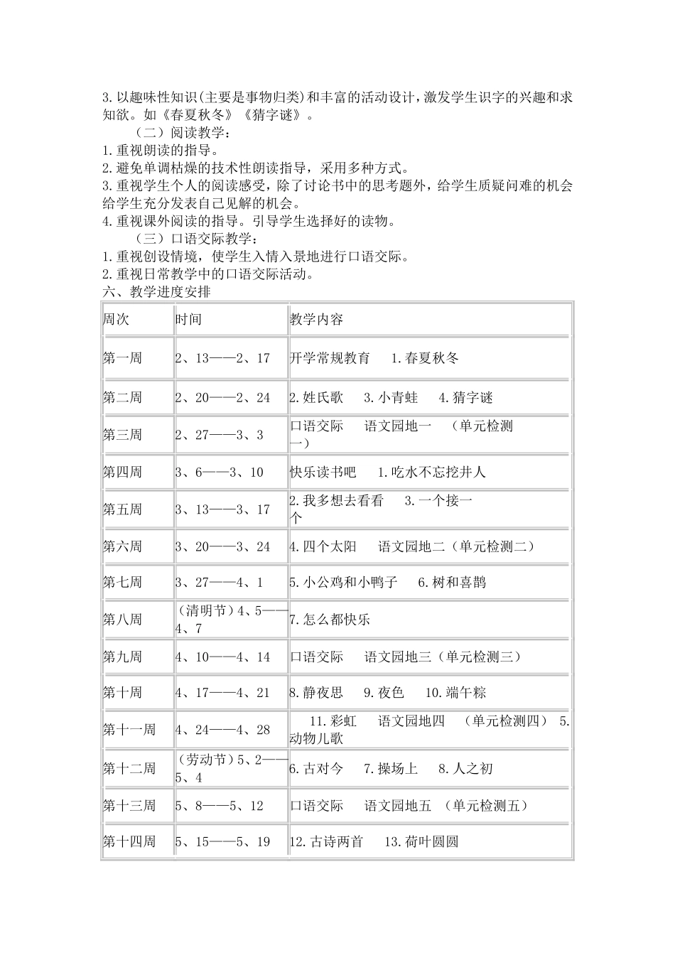 新编人教版一年级语文下学期教学计划(进度表)2017_第2页