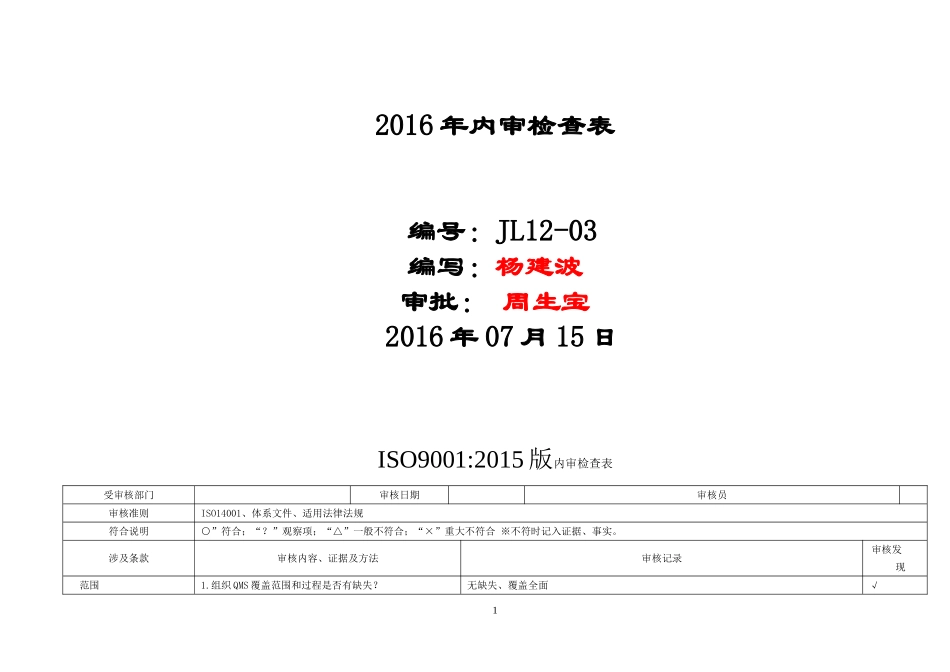 质量体系内审检查表2015版_第1页