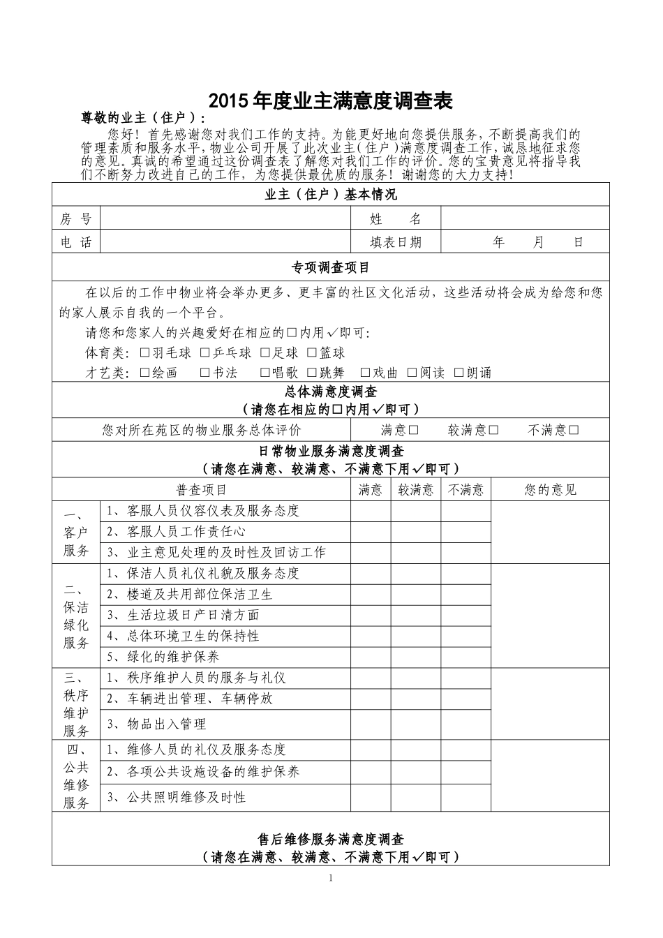 2016年度业主满意度调查表_第1页