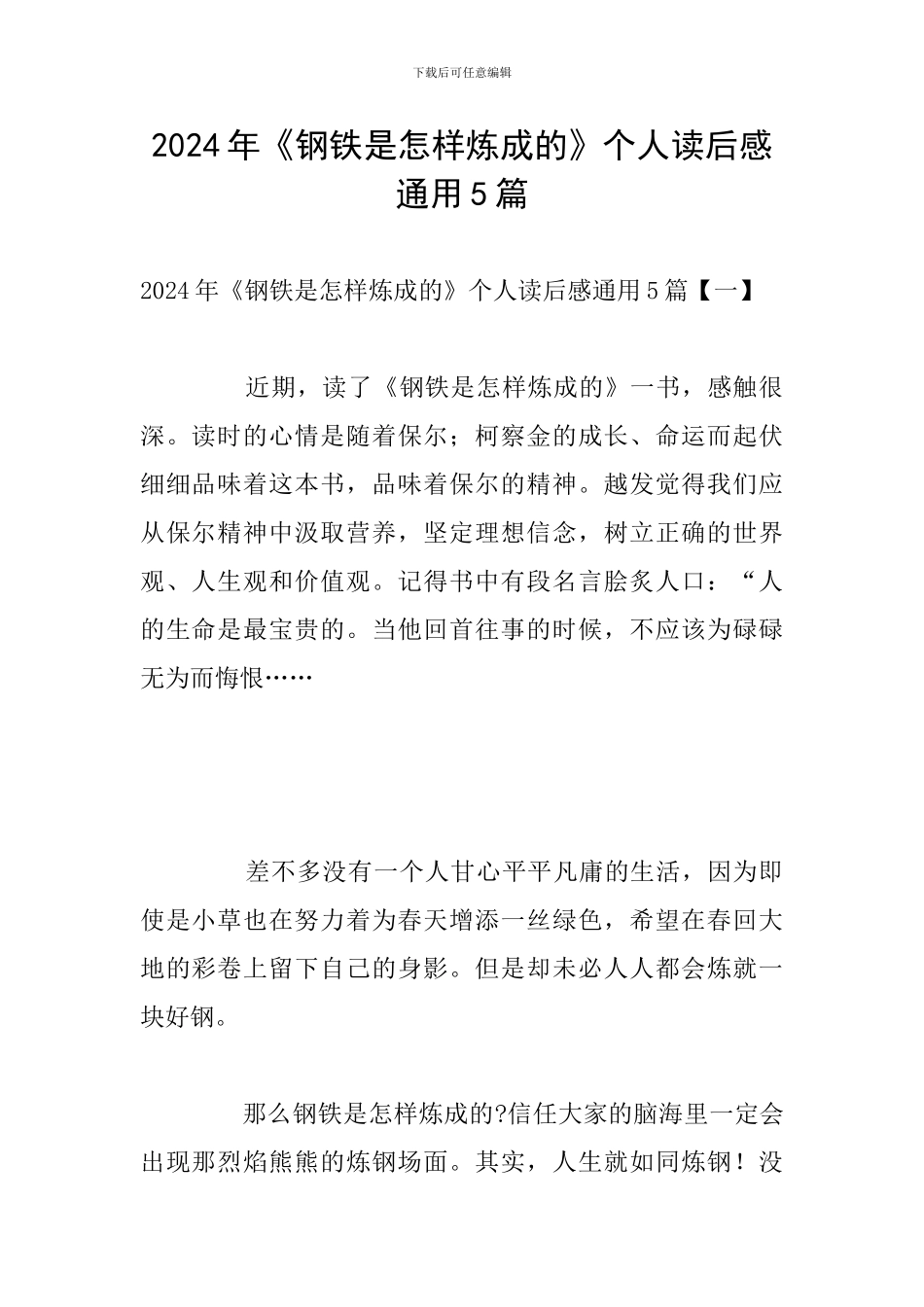 2024年《钢铁是怎样炼成的》个人读后感通用5篇_第1页