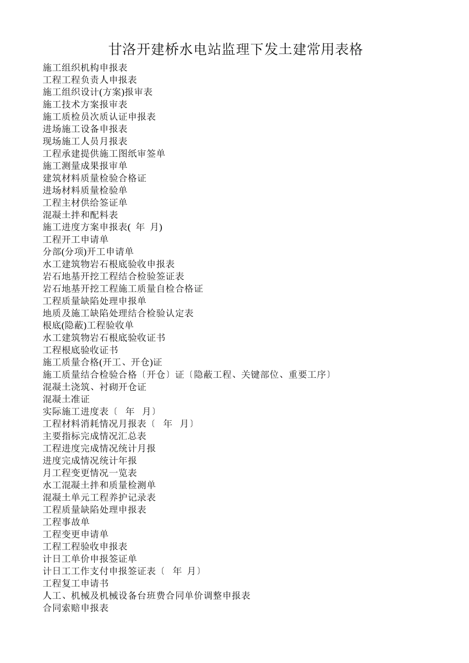 甘洛县开建桥水电站监理下发土建常用表格_第1页