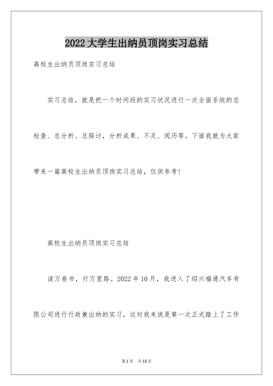 2024大学生出纳员顶岗实习总结_第1页