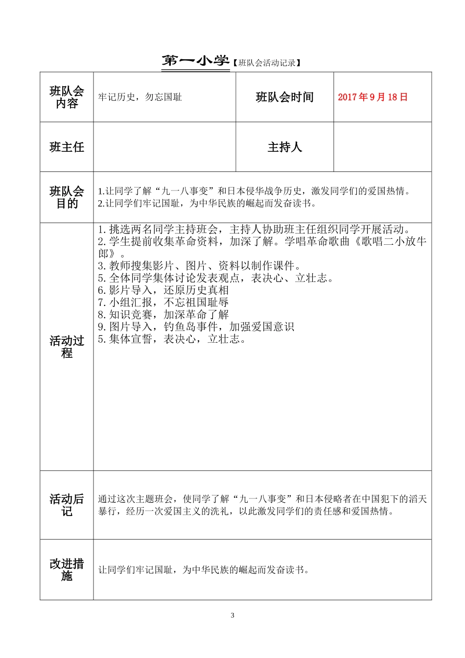 小学四年级上学期班会活动记录表_第3页