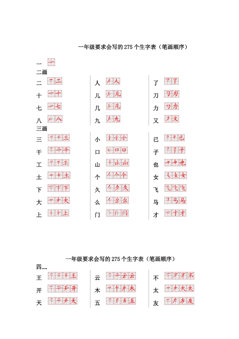 一年级要求会写的275个生字表(笔画顺序)_第1页
