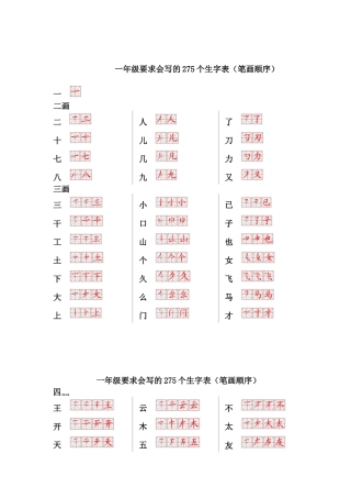 一年级要求会写的275个生字表(笔画顺序)