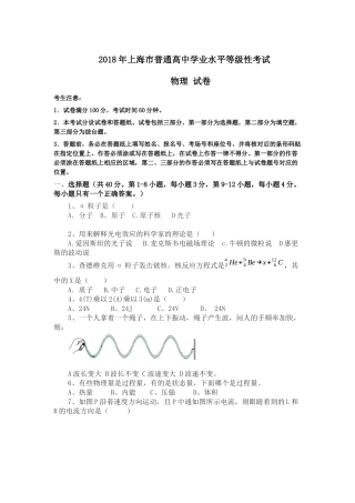 2018上海市高中学业水平等级考试物理试题(重新整理版)
