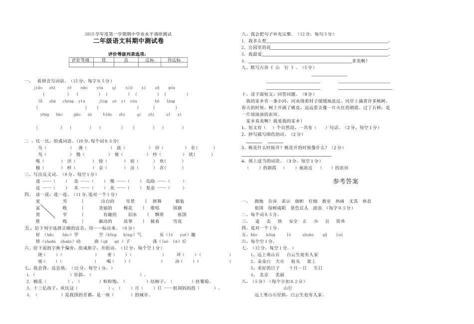 2015学年度第一学期期中学业水平调研测试卷_第1页