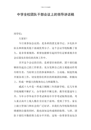 中学全校团队干部会议上的领导讲话稿