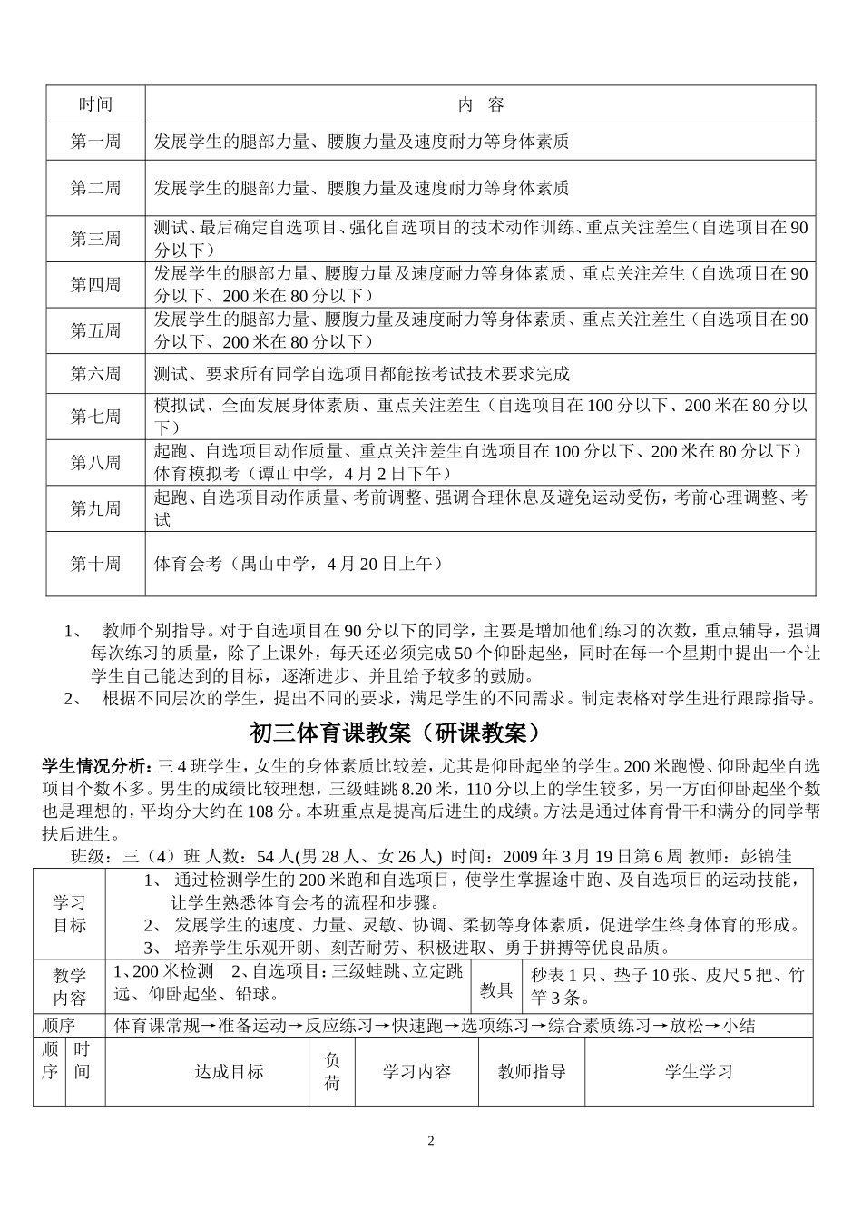 学校2008学年第2学期初三4班20090319200米快速跑加自选项目检测_第2页