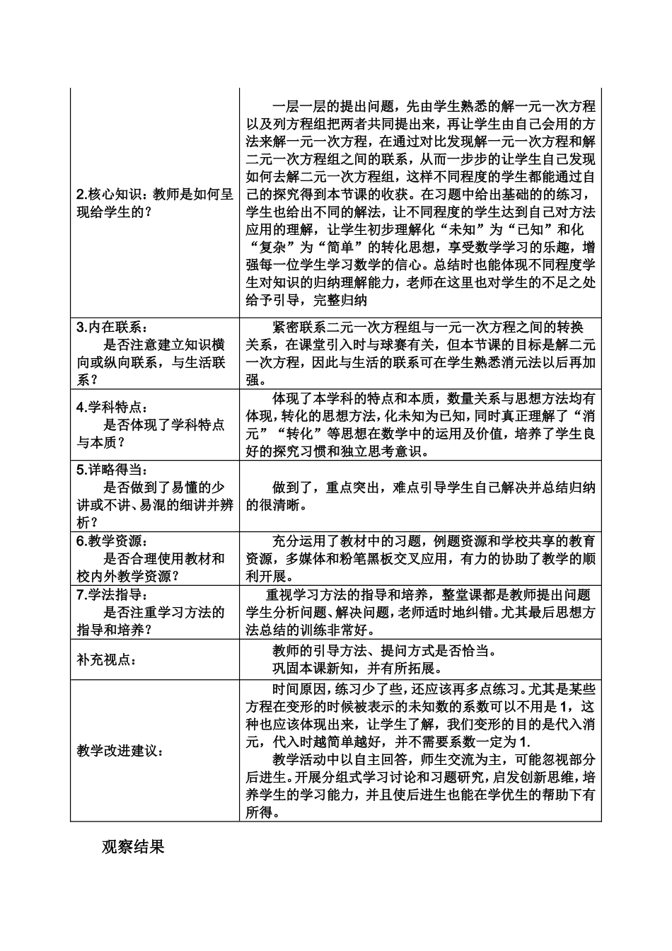 课堂观察报告——《消元解二元一次方程组》_第2页