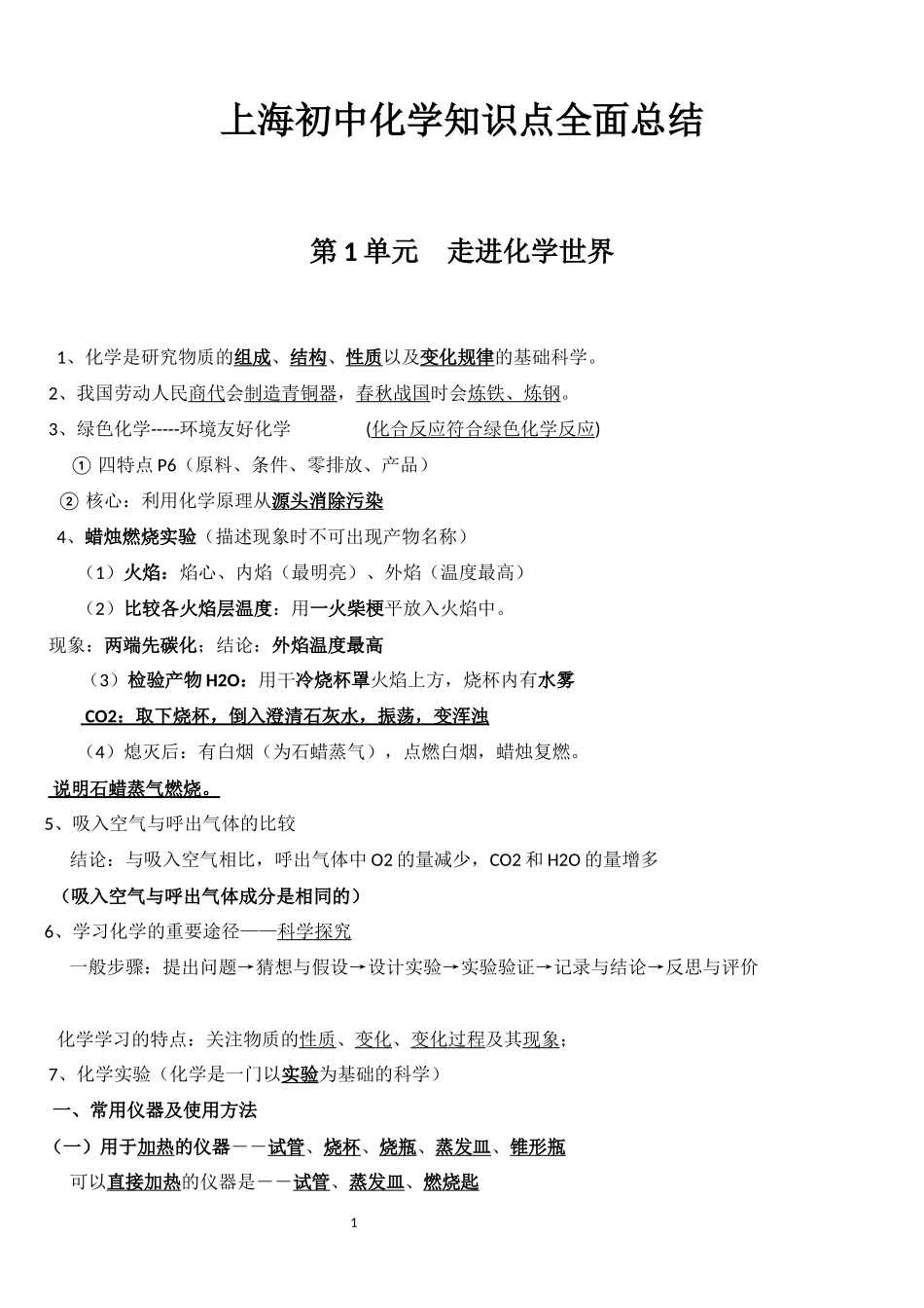 2017年上海初中化学知识点全面总结_第1页