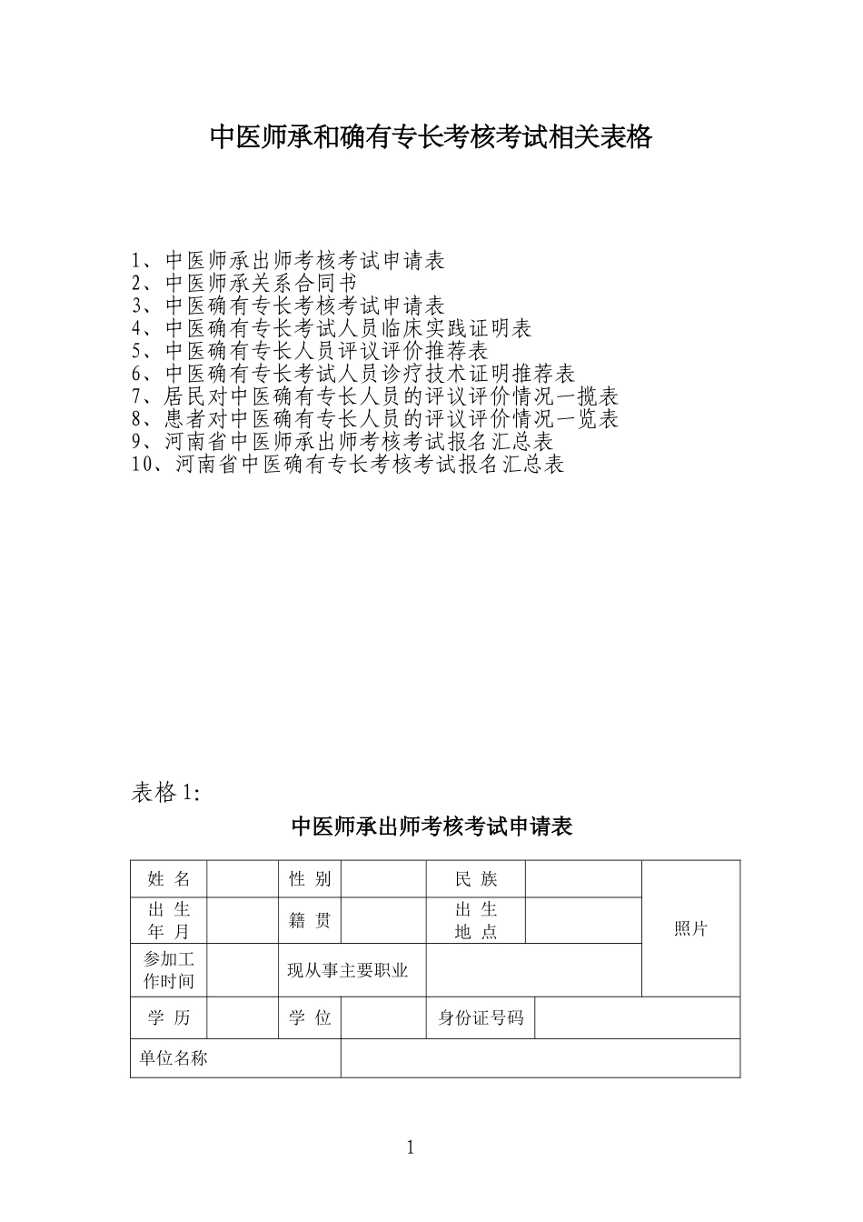 中医专长和师承人员申请表格_第1页