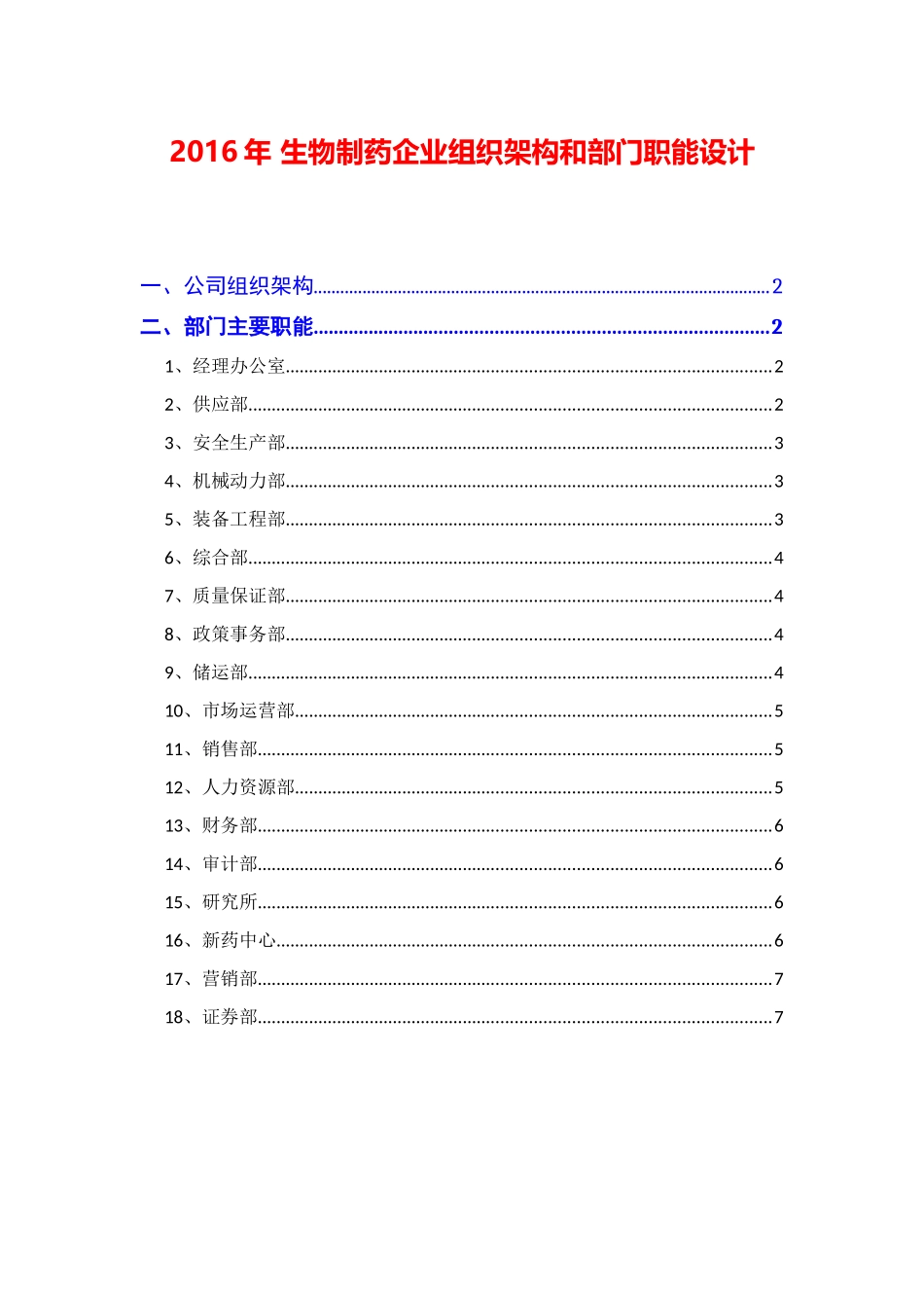2016年生物制药企业公司组织架构和部门职能设计_第1页