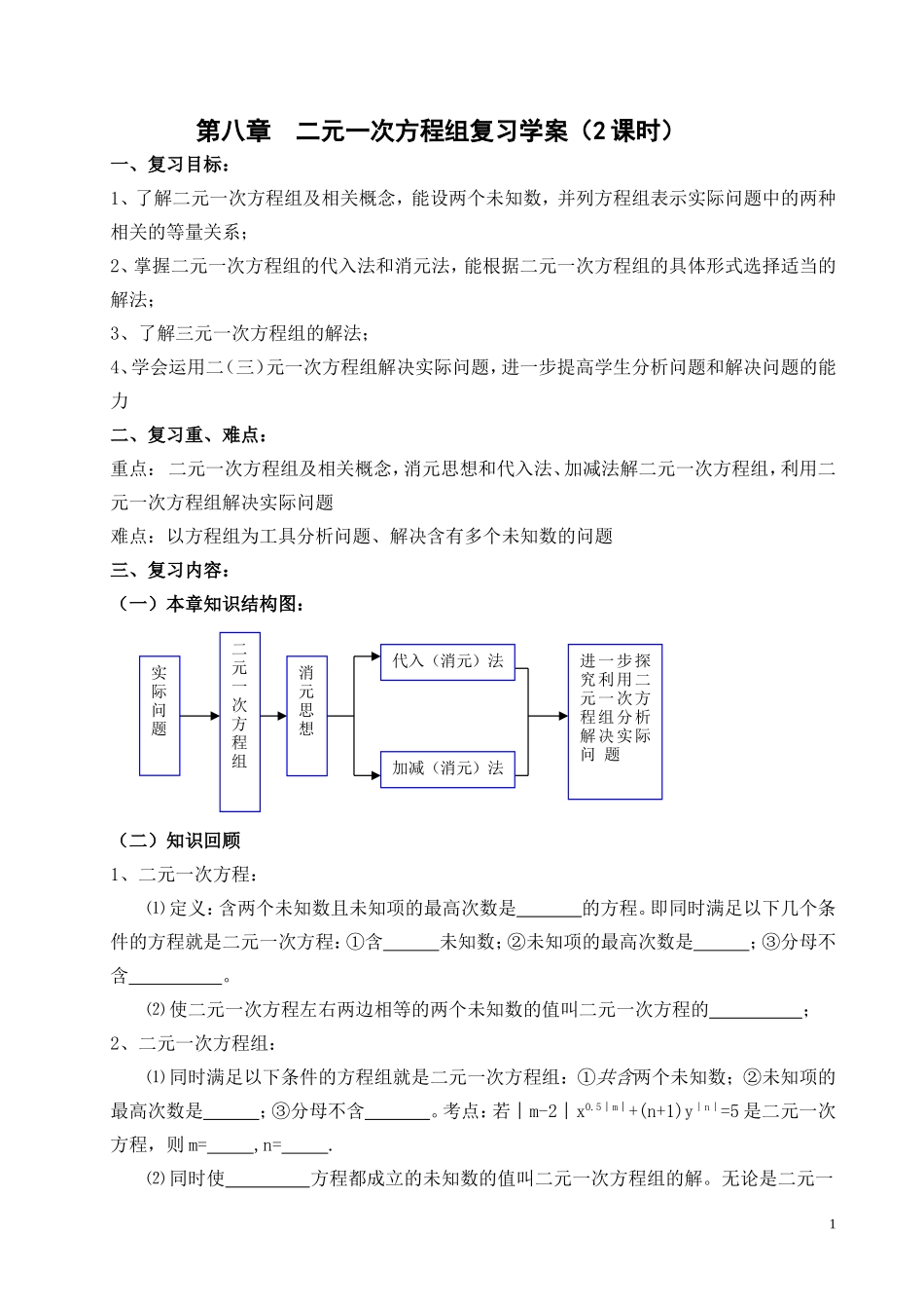 七年级数学下册第八章__二元一次方程组复习学案555_第1页