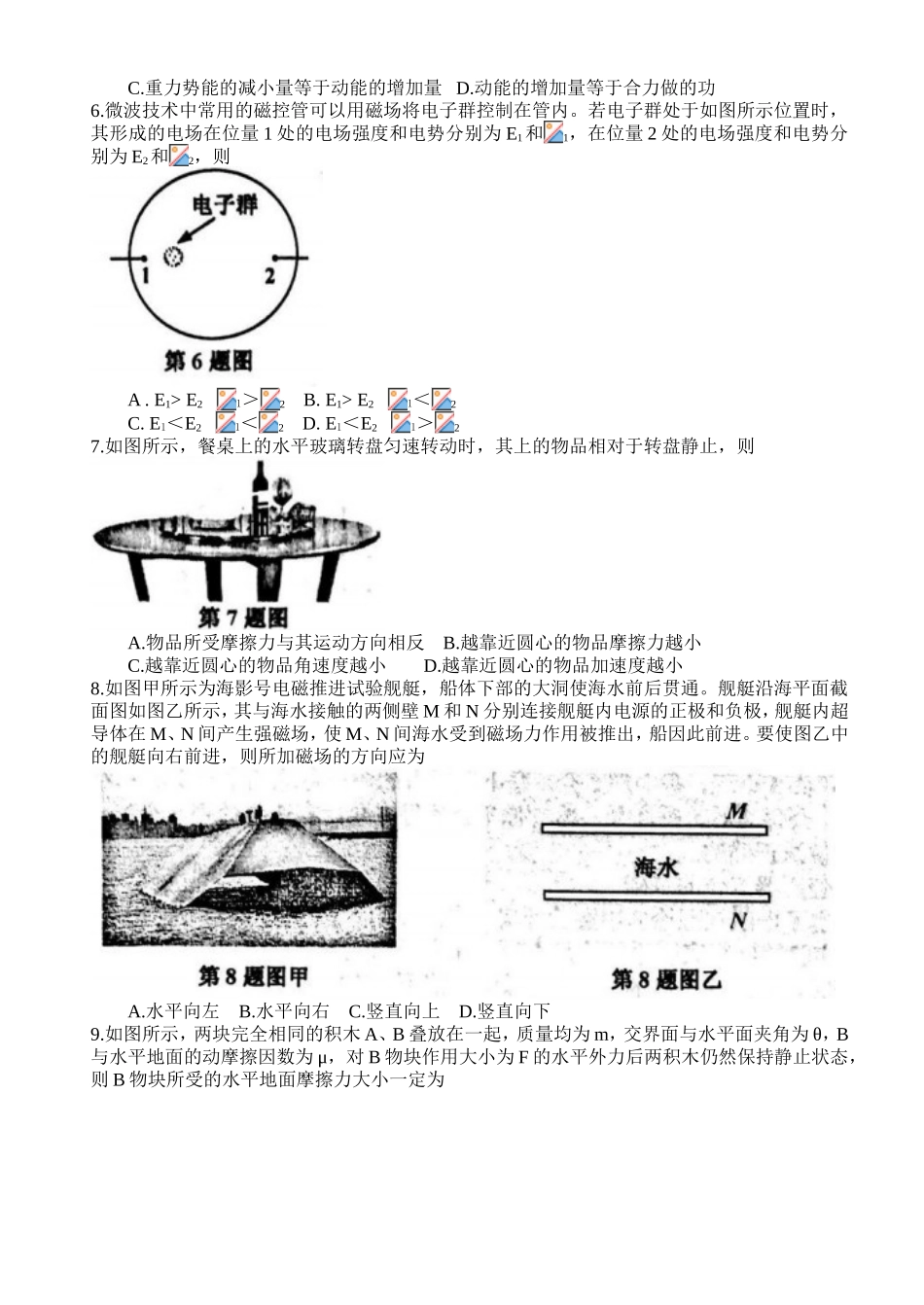 浙江省嘉兴市2019届高三普通高校招生选考科目教学测试物理试题卷_第2页