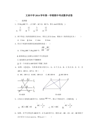 2014上海市文来中学九年级期中考试数学试卷