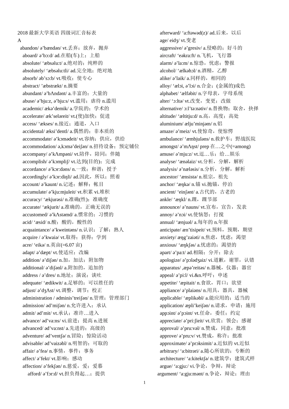 2018年英语四级词汇表含音标加强版_第1页