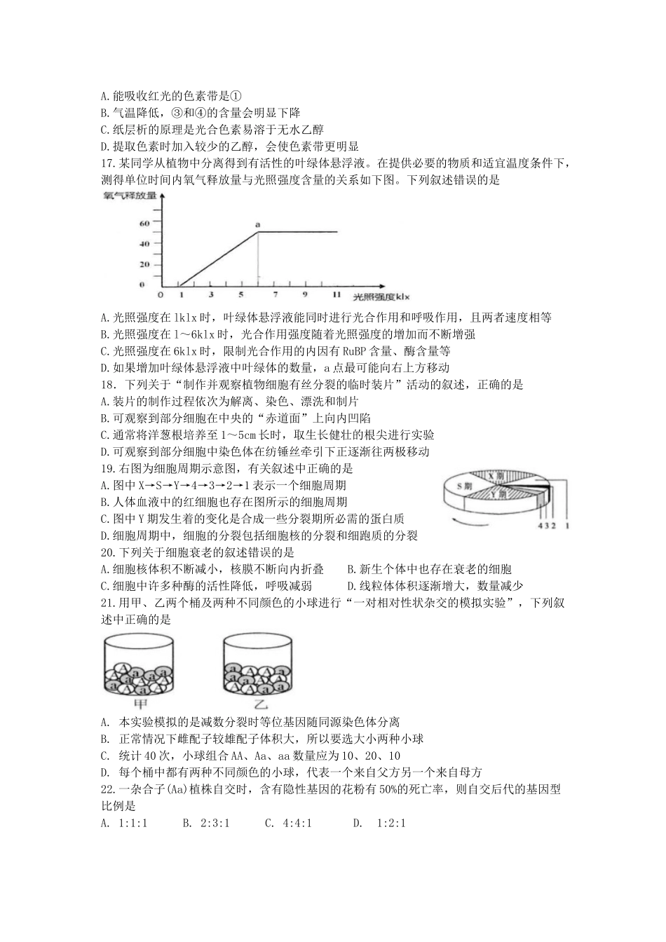 2018学年第一学期浙江省名校协作体试题高二年级生物学科_第3页