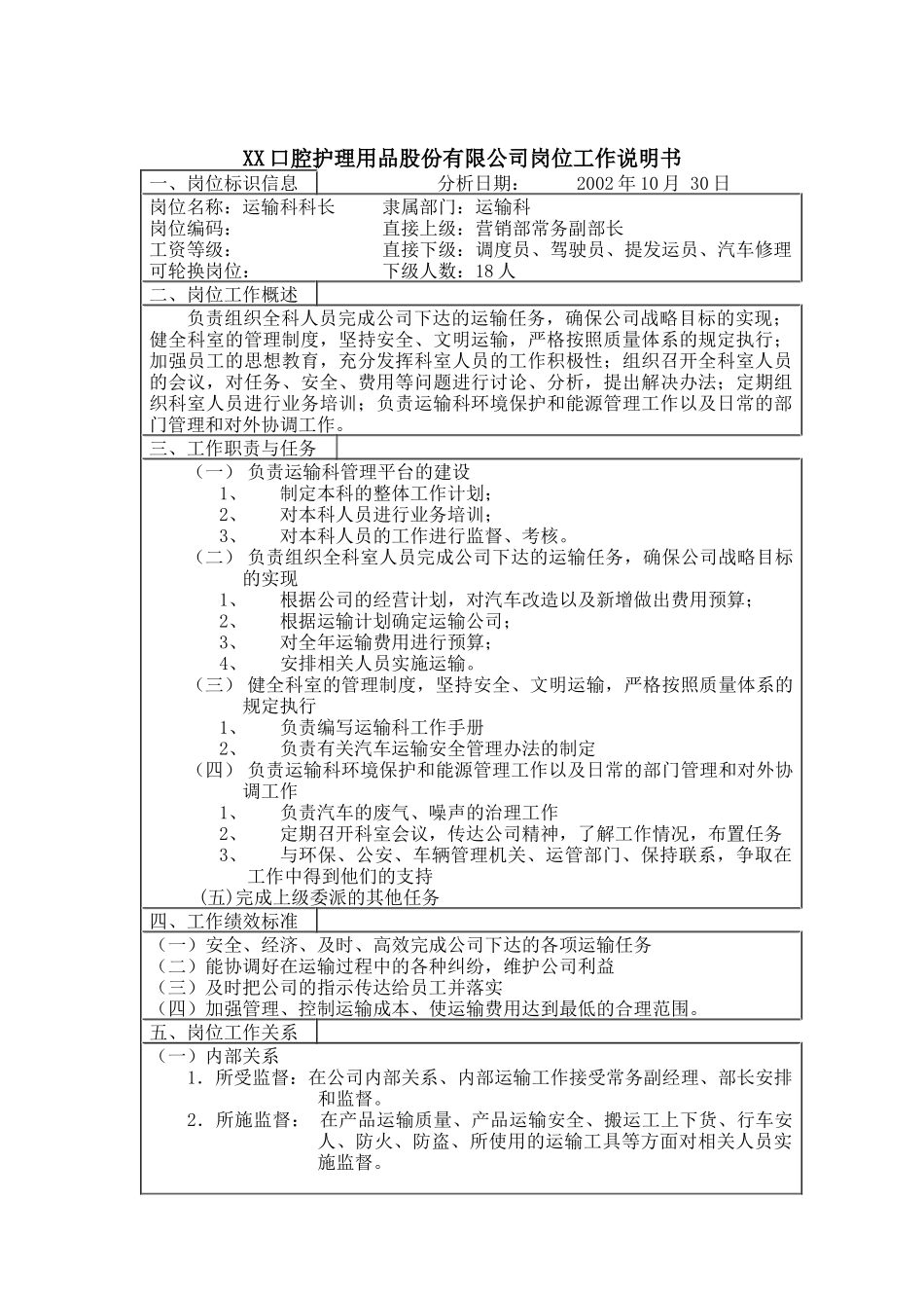 医药行业-运输科科长岗位说明书_第1页