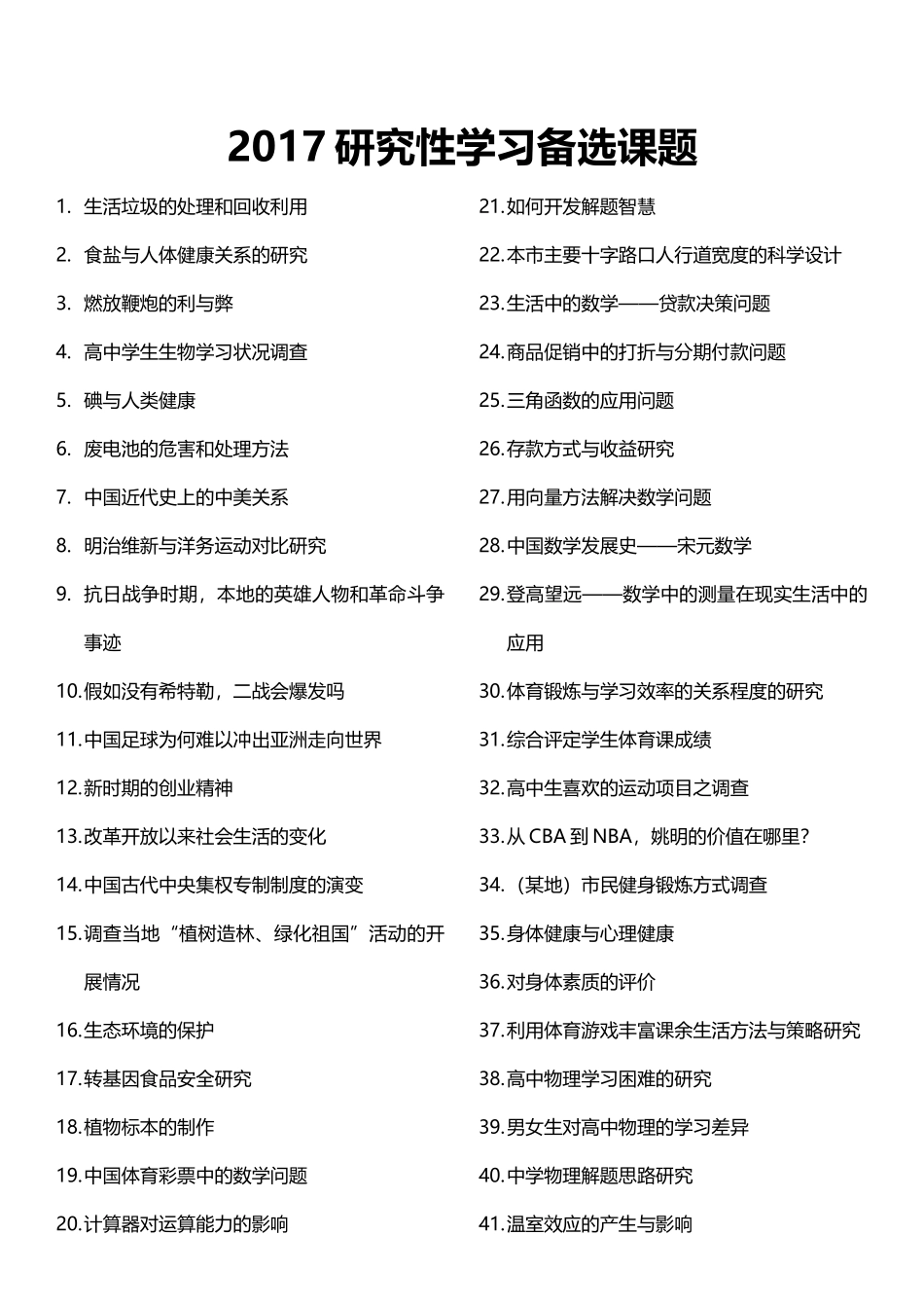 2017研究性学习备选课题_第1页