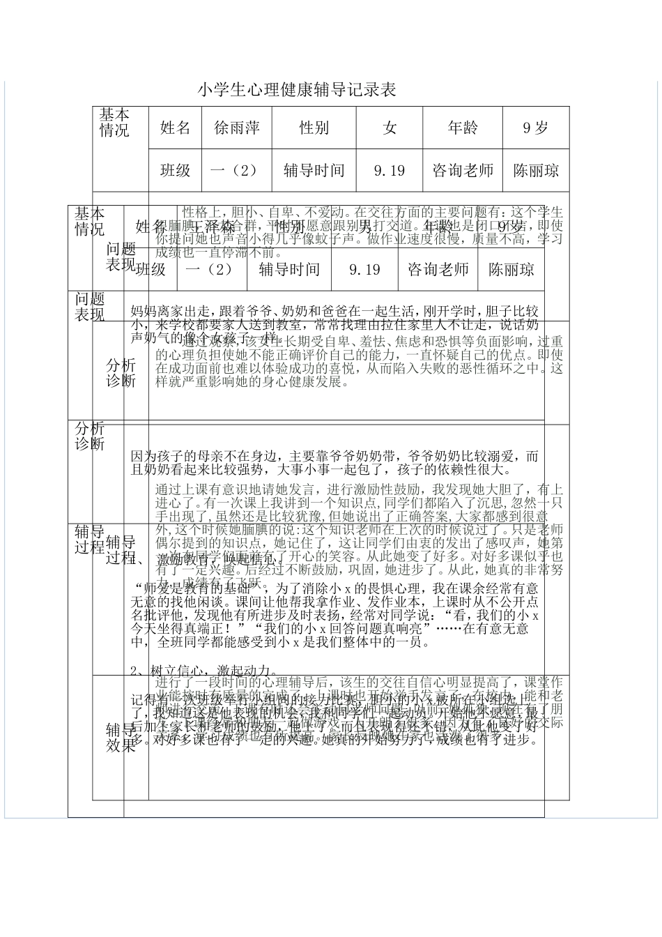 202小学生心理健康辅导记录表_第1页