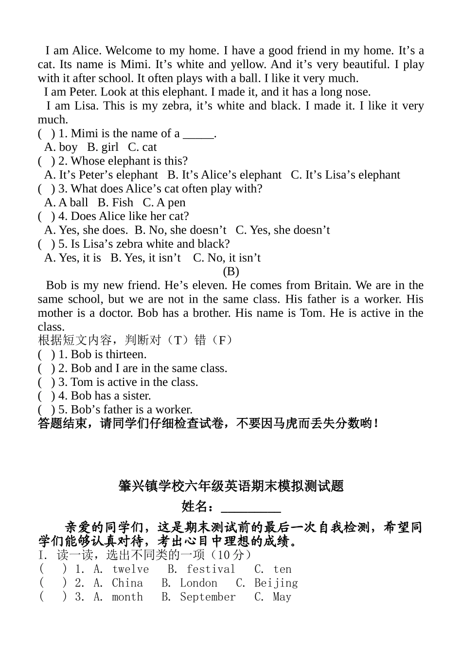 肇兴镇学校五年级英语期末模拟测试题_第3页
