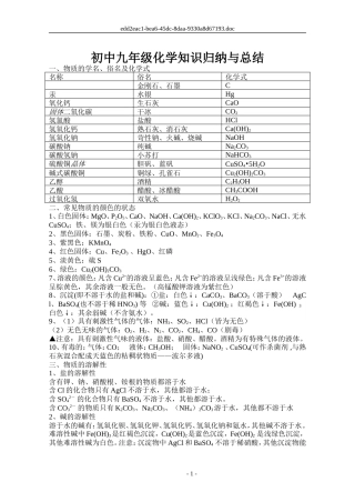 初中九年级化学知识点归纳与总结