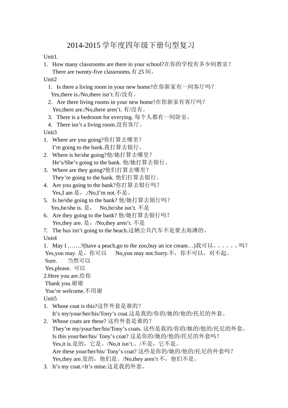 四年级下册句型复习_第1页