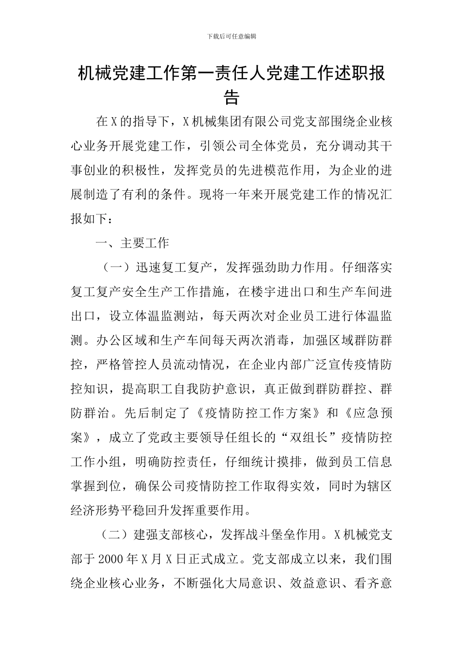 机械党建工作第一责任人党建工作述职报告_第1页