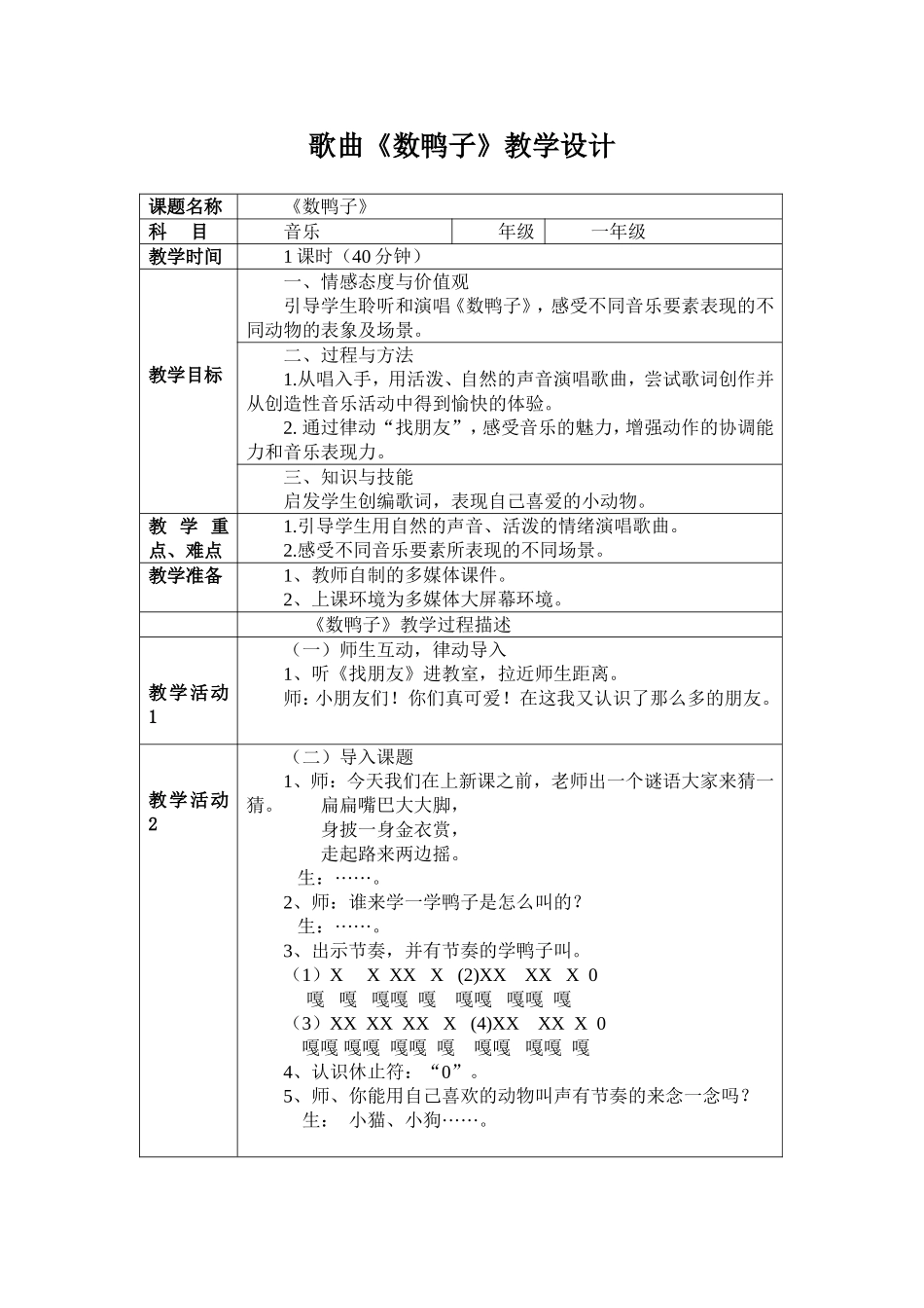 音乐课《数鸭子》教学设计_第1页