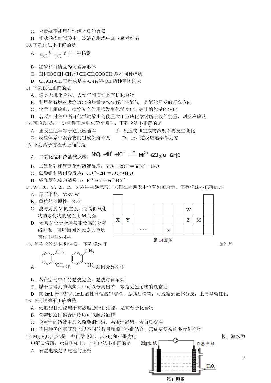 2016年4月浙江省普通高校招生选考科目考试选考化学试题及答案_第2页