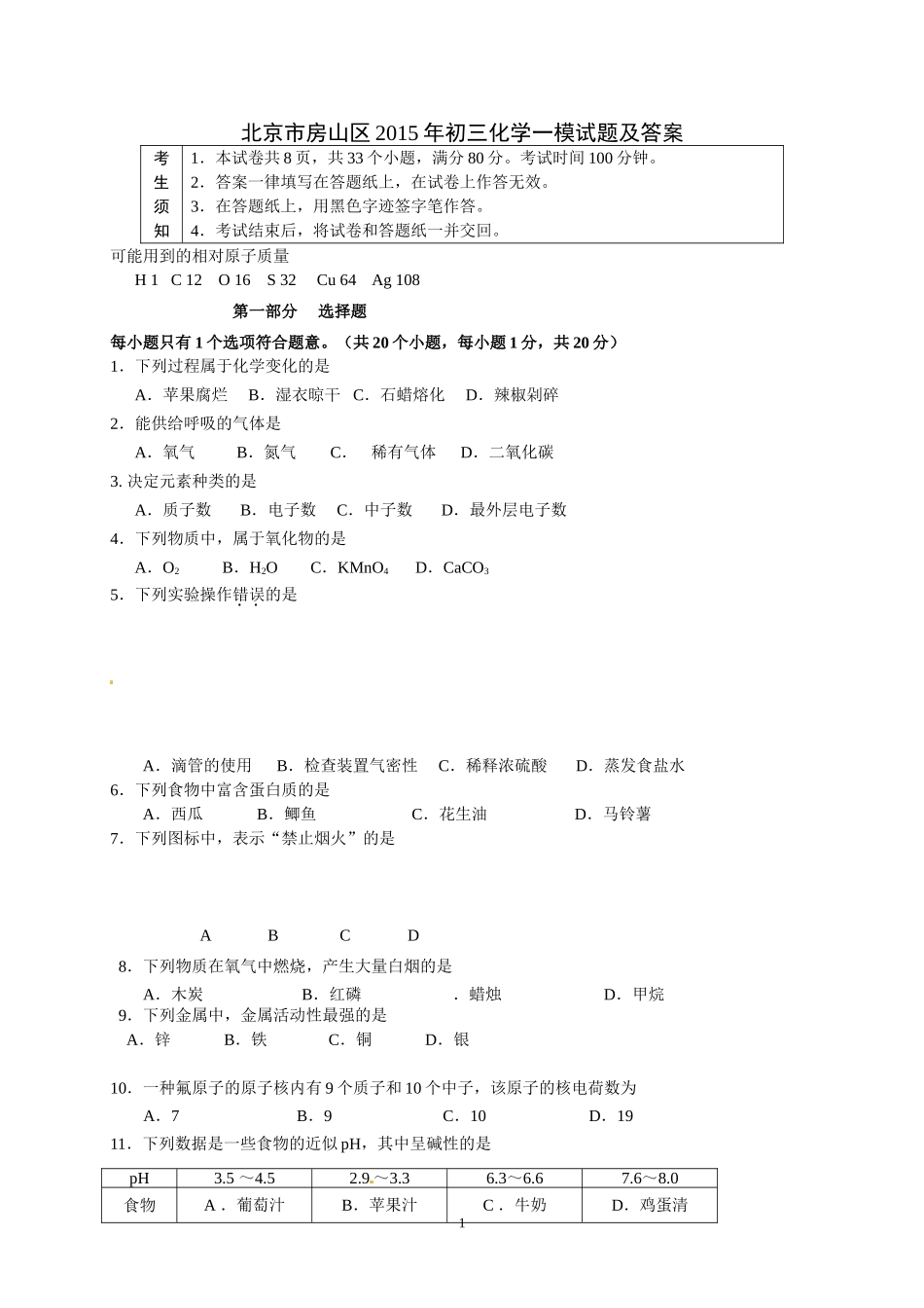 北京市房山区2015年初三化学一模试题及答案_第1页