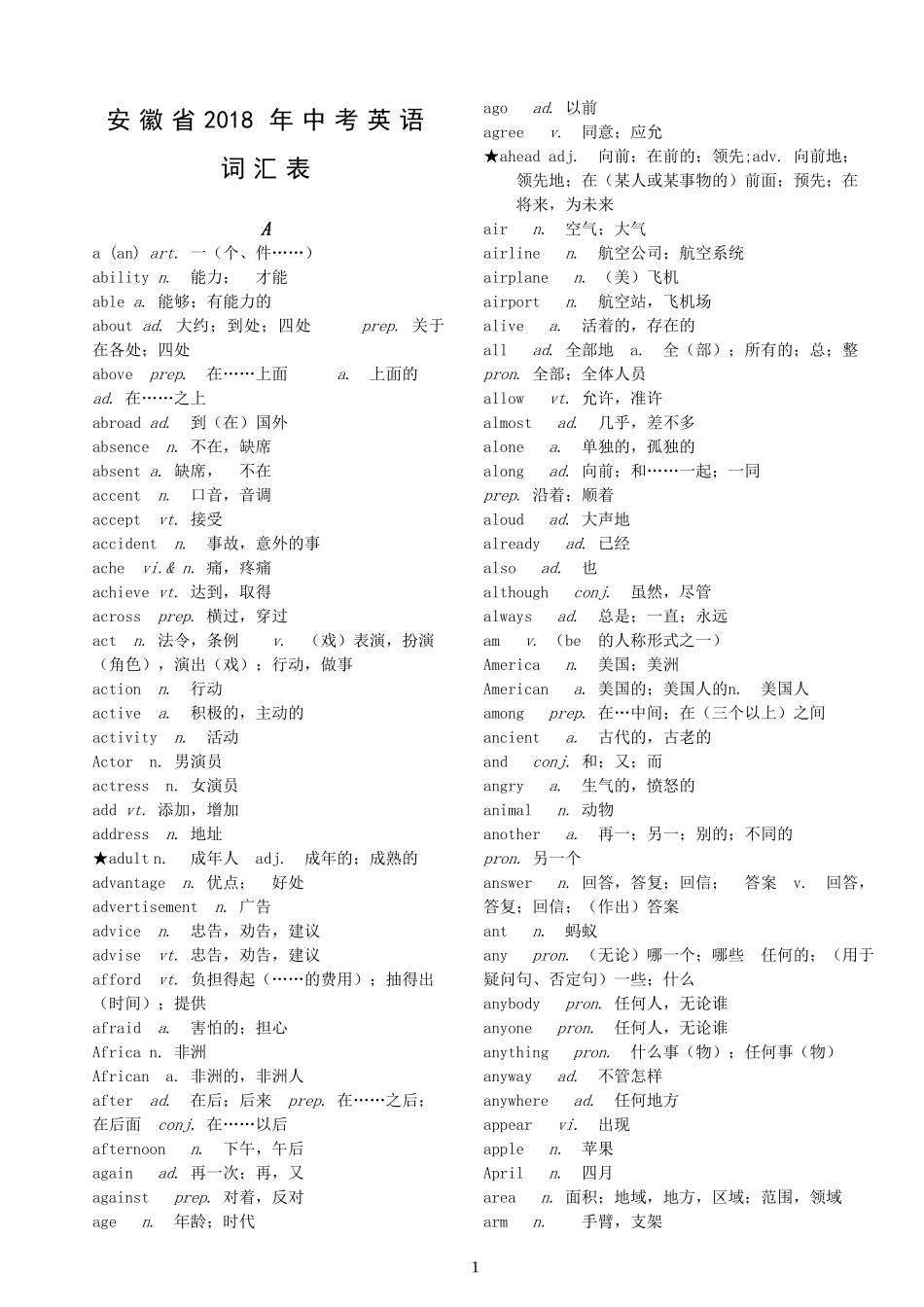 安徽省2018年中考英语词汇表_第1页