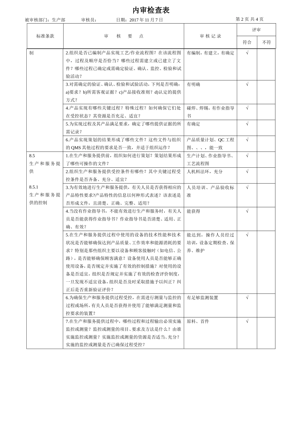 ISO9001：2015全新版内审检查表--生产部(含PMC)_第2页