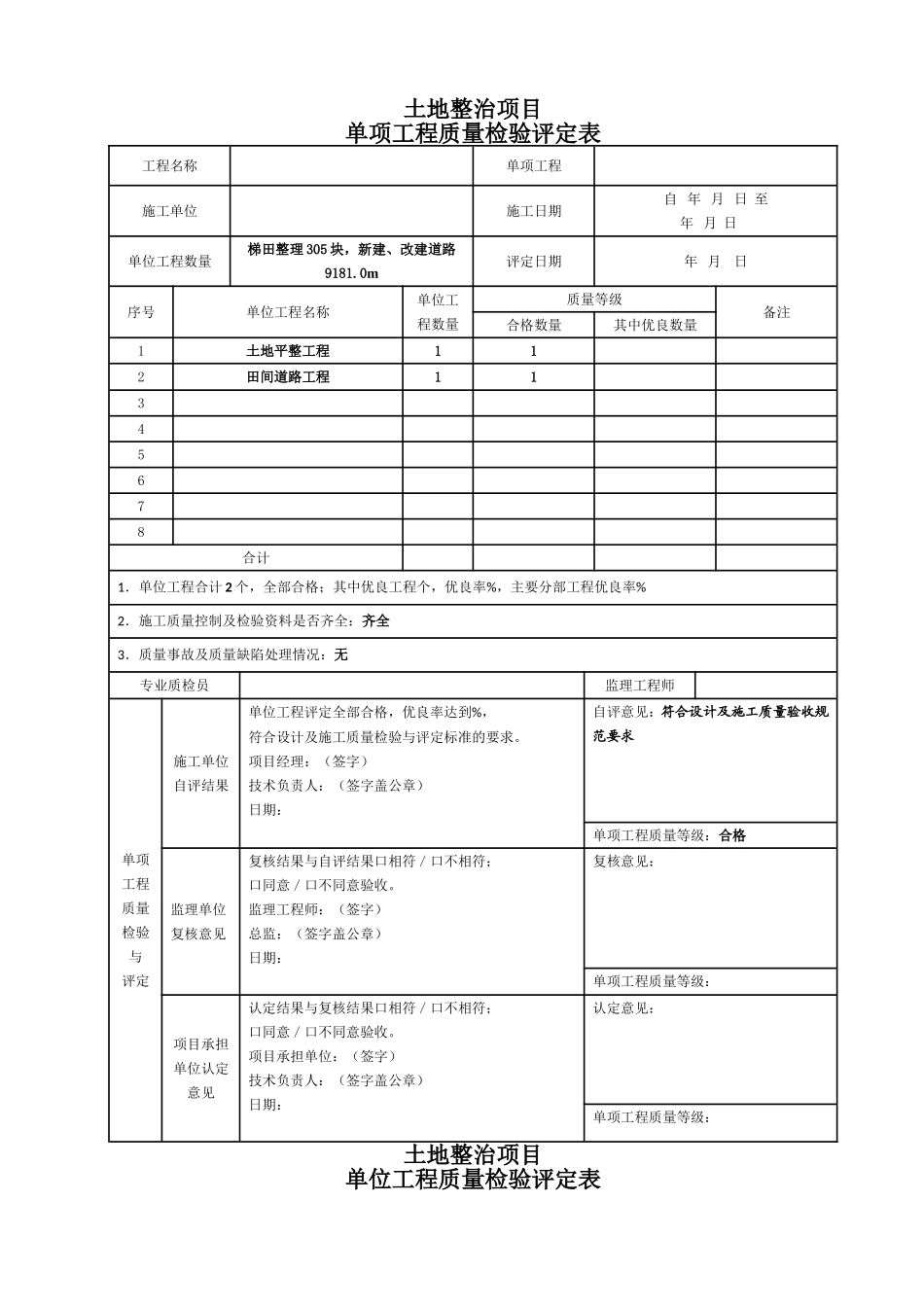 《土地整治工程质量检验与评定规程》(TDT1041-2013)评定表_第1页