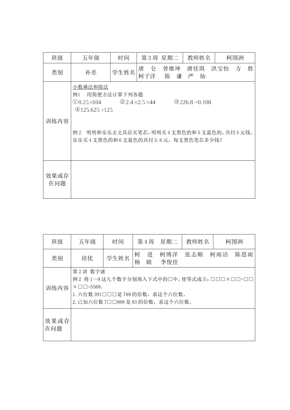 小学数学五年级上册培优补差记录表_第3页