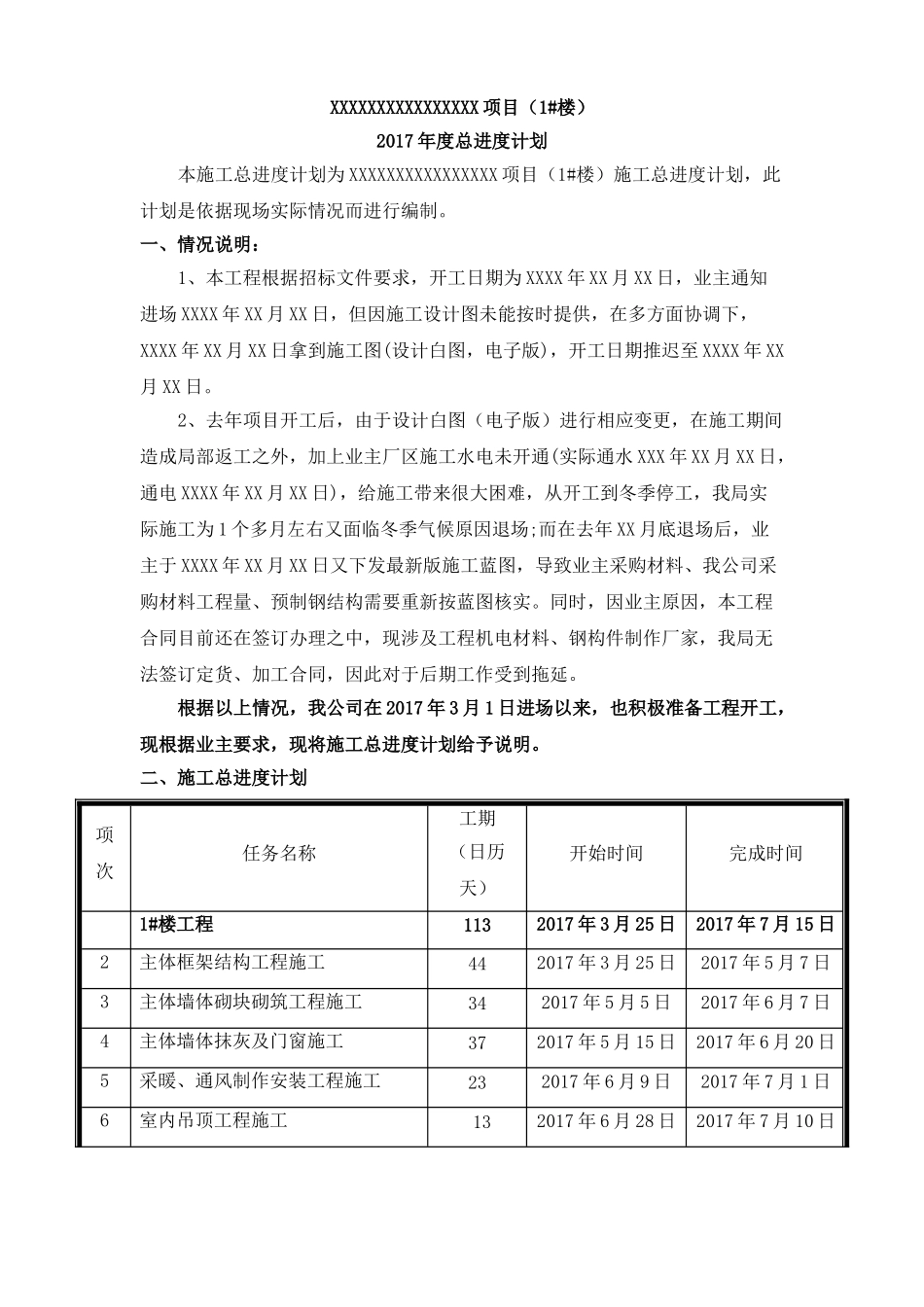2017年度施工总进度计划文字描述(现场实际版本)_第1页