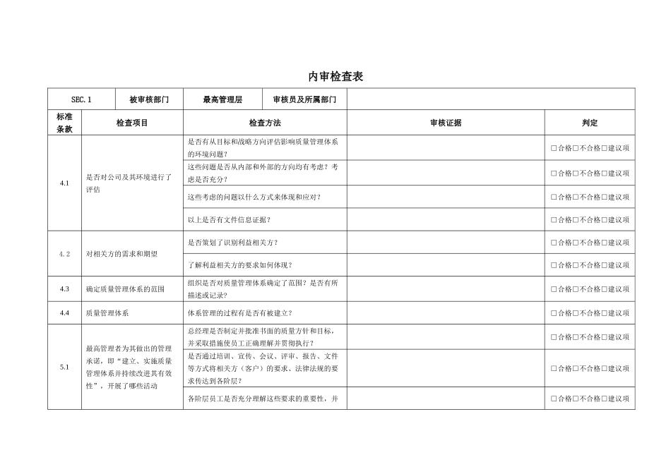 ISO9001-2015-各部门内审检查表_第1页